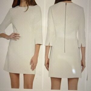 Cream Sheath Dress with 3/4 Sleeves and Crew Neck